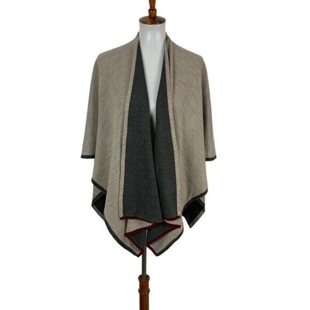Fraas Reversible Open Front Knit Poncho Wrap Cardigan Beige Gray Acrylic Cozy